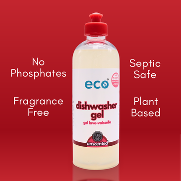 The eco friendly dishwasher gel is fragrance free, has no phosphates, is septic safe, and has a plant based formula. 