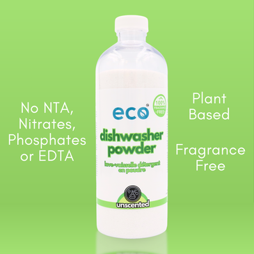 This eco friendly dishwasher powder is plant-based, is fragrance free, and has no NTA, nitrates, phosphates, or EDTA.