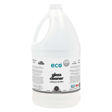 Eco Company's 4L / 1 Gallon jug of unscented glass cleaner - bulk size for refilling smaller spray bottles.