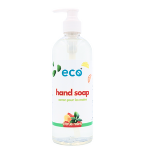 Eco hand soap citrus mint in a 500ml ready-to-use bottle for wholesale, ideal for eco-friendly retailers.