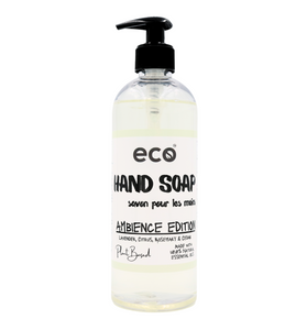 Eco hand soap in a 500ml ready-to-use bottle for wholesale, ideal for eco-friendly retailers. This ambience edition is a blend of lavender, citrus, rosemary mint and cedar natural essential oils.