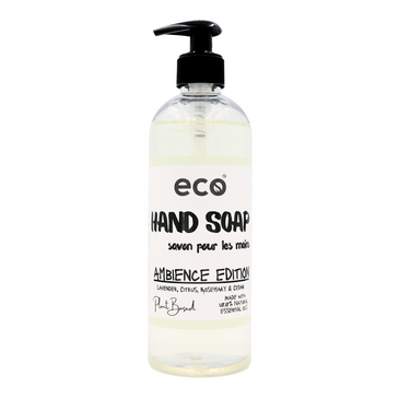 Eco hand soap in a 500ml ready-to-use bottle for wholesale, ideal for eco-friendly retailers. This ambience edition is a blend of lavender, citrus, rosemary mint and cedar natural essential oils.