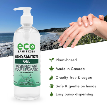 Eco Sanitizer Hand Sanitizer Gel 500ml is plant-based, made in Canada, cruelty-free, vegan, gentle on the hands, and has a pump for easy dispensing.