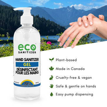 Eco Sanitizer Hand Sanitizer Gel 500ml is plant-based, made in Canada, cruelty-free, vegan, gentle on the hands, and has a pump for easy dispensing.