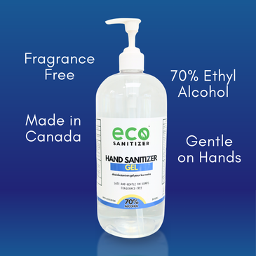 Eco Sanitizer's hand sanitizer gel is made of 70% ethyl alcohol (food grade), is made in Canada, is fragrance free, and is gentle on the hands.