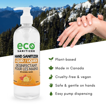 Eco Sanitizer Hand Sanitizer Liquid 500ml is plant-based, made in Canada, cruelty-free, vegan, gentle on the hands, and has a pump for easy dispensing.