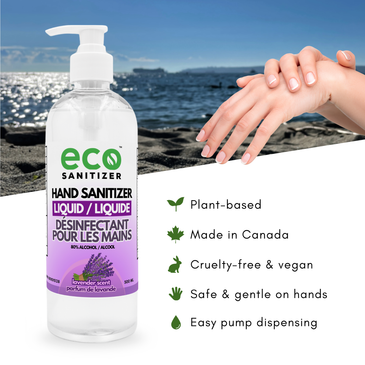 Eco Sanitizer Hand Sanitizer Liquid 500ml is plant-based, made in Canada, cruelty-free, vegan, gentle on the hands, and has a pump for easy dispensing.