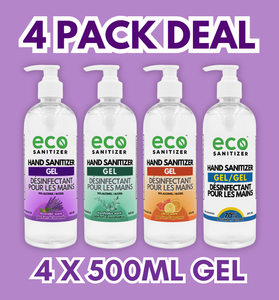 Eco Gel Hand Sanitizer 500ml Pack of 4 - with Lavender, Eucalyptus, Citrus, and Unscented.