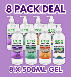 Eco Gel Hand Sanitizer 500ml Pack of 8 - with 2 Lavender, 2 Eucalyptus, 2 Citrus, and 2 Unscented.