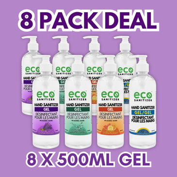 Eco Gel Hand Sanitizer 500ml Pack of 8 - with 2 Lavender, 2 Eucalyptus, 2 Citrus, and 2 Unscented.