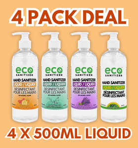 Eco Liquid Hand Sanitizer 500ml Pack of 4 - with Lavender, Eucalyptus, Citrus, and Unscented.