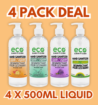 Eco Liquid Hand Sanitizer 500ml Pack of 4 - with Lavender, Eucalyptus, Citrus, and Unscented.