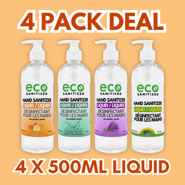 Eco Liquid Hand Sanitizer 500ml Pack of 4 - with Lavender, Eucalyptus, Citrus, and Unscented.