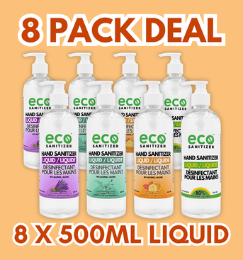 Eco Liquid Hand Sanitizer 500ml Pack of 8 - with 2 Lavender, 2 Eucalyptus, 2 Citrus, and 2 Unscented.