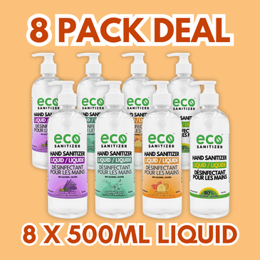 Eco Liquid Hand Sanitizer 500ml Pack of 8 - with 2 Lavender, 2 Eucalyptus, 2 Citrus, and 2 Unscented.