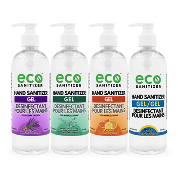 Scented Gel Hand Sanitizer 500mL in citrus, eucalyptus, lavender, and unscented.
