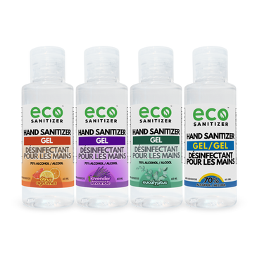 Travel size Gel Hand Sanitizer 60ml in citrus, eucalyptus, lavender, and unscented.