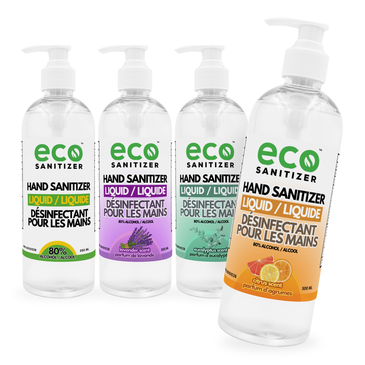 Eco Sanitizer Scented Liquid Hand Sanitizer 500mL in citrus, eucalyptus, lavender, and unscented.