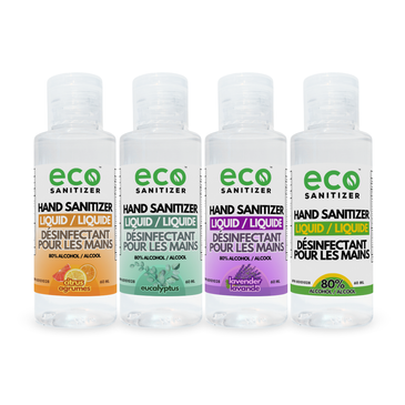 Travel size Liquid Hand Sanitizer 60ml in citrus, eucalyptus, lavender, and unscented.