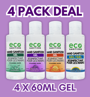 Eco Hand Sanitizer Gel Mini 60ml Pack of 4 - with Lavender, Eucalyptus, Citrus, and Unscented.