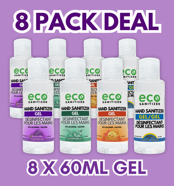 Mini Gel Hand Sanitizer 60ml Value Pack of 8 - with 2 Lavender, 2 Eucalyptus, 2 Citrus, and 2 Unscented.