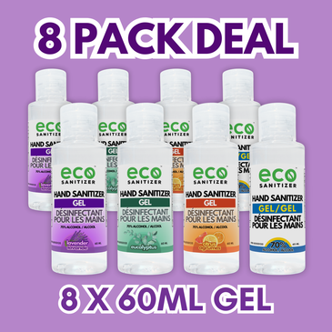 Mini Gel Hand Sanitizer 60ml Value Pack of 8 - with 2 Lavender, 2 Eucalyptus, 2 Citrus, and 2 Unscented.