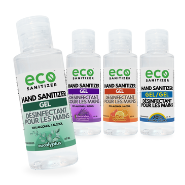 Eco Sanitizer Scented Mini Hand Sanitizer Gel 60ml in citrus, eucalyptus, lavender, and unscented.