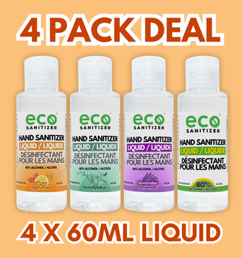 Eco Hand Sanitizer Liquid Mini 60ml Pack of 4 - with Lavender, Eucalyptus, Citrus, and Unscented.