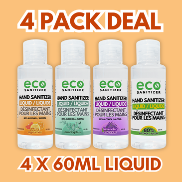 Eco Hand Sanitizer Liquid Mini 60ml Pack of 4 - with Lavender, Eucalyptus, Citrus, and Unscented.
