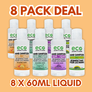 Mini Liquid Hand Sanitizer 60ml Value Pack of 8 - with 2 Lavender, 2 Eucalyptus, 2 Citrus, and 2 Unscented.