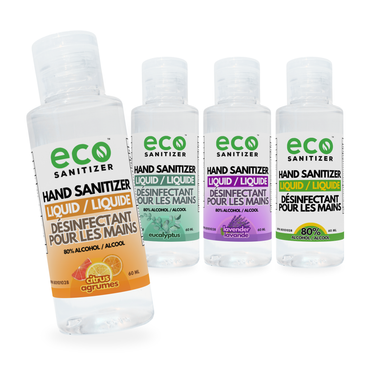 Eco Sanitizer Scented Mini Hand Sanitizer Liquid 60ml in citrus, eucalyptus, lavender, and unscented.