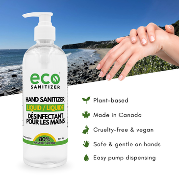 Eco Sanitizer unscented hand sanitizer liquid 500ml is plant based, made in Canada, cruelty free, vegan, safe on the hands, and provides easy pump dispensing.