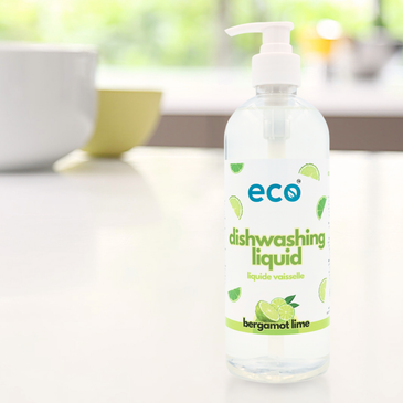 A bottle of eco dishwashing soap, for an eco-friendly and sustainable kitchen.