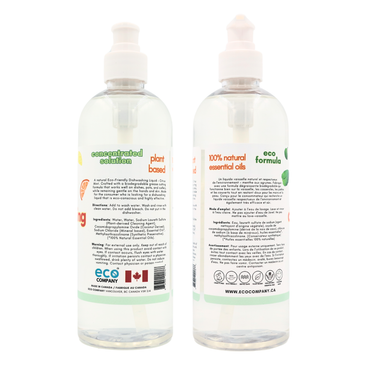 Side view of Eco Company dish soap label with ingredient list and directions.