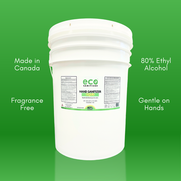 Eco Sanitizer's hand sanitizer liquid is made of 80% ethyl alcohol (food grade), is made in Canada, is fragrance free, and is gentle on the hands.