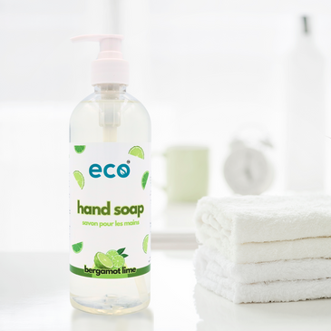 Eco-friendly bergamot lime hand soap in a washroom, promoting a plant-based and sustainable home.