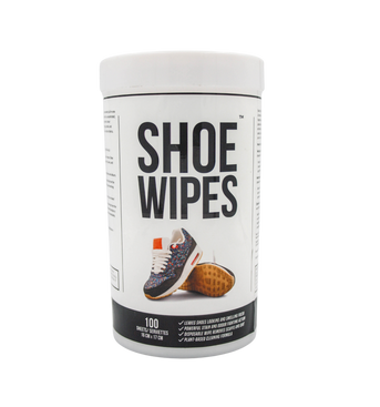 Can of 100 shoe wipes for cleaning sneakers on the go.