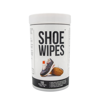 Can of 100 shoe wipes for cleaning sneakers on the go.
