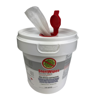 Steriwipes Virucidal Wipes Disinfectant with 160 wipes per container. Fast-acting hospital grade wipes to clean, sanitize, disinfect, and kill viruses & bacteria. Made in Canada. Fragrance-free and alcohol-free.